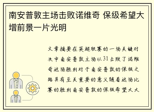 南安普敦主场击败诺维奇 保级希望大增前景一片光明