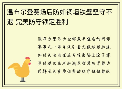 温布尔登赛场后防如铜墙铁壁坚守不退 完美防守锁定胜利